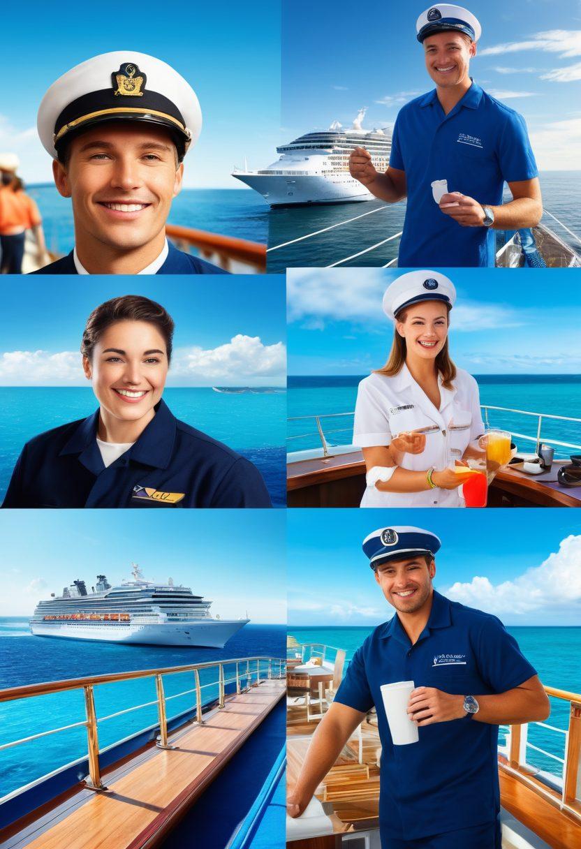 A dynamic collage showcasing the transition from deckhands to cruise directors at sea. Include a young deckhand in a uniform scrubbing the deck, a cheerful barista serving coffee on a cruise ship, and an experienced cruise director leading a group tour. The background should feature the ocean with a majestic cruise ship sailing under a bright blue sky. The scene should evoke a sense of adventure and opportunity in the maritime industry. vibrant colors. super-realistic.