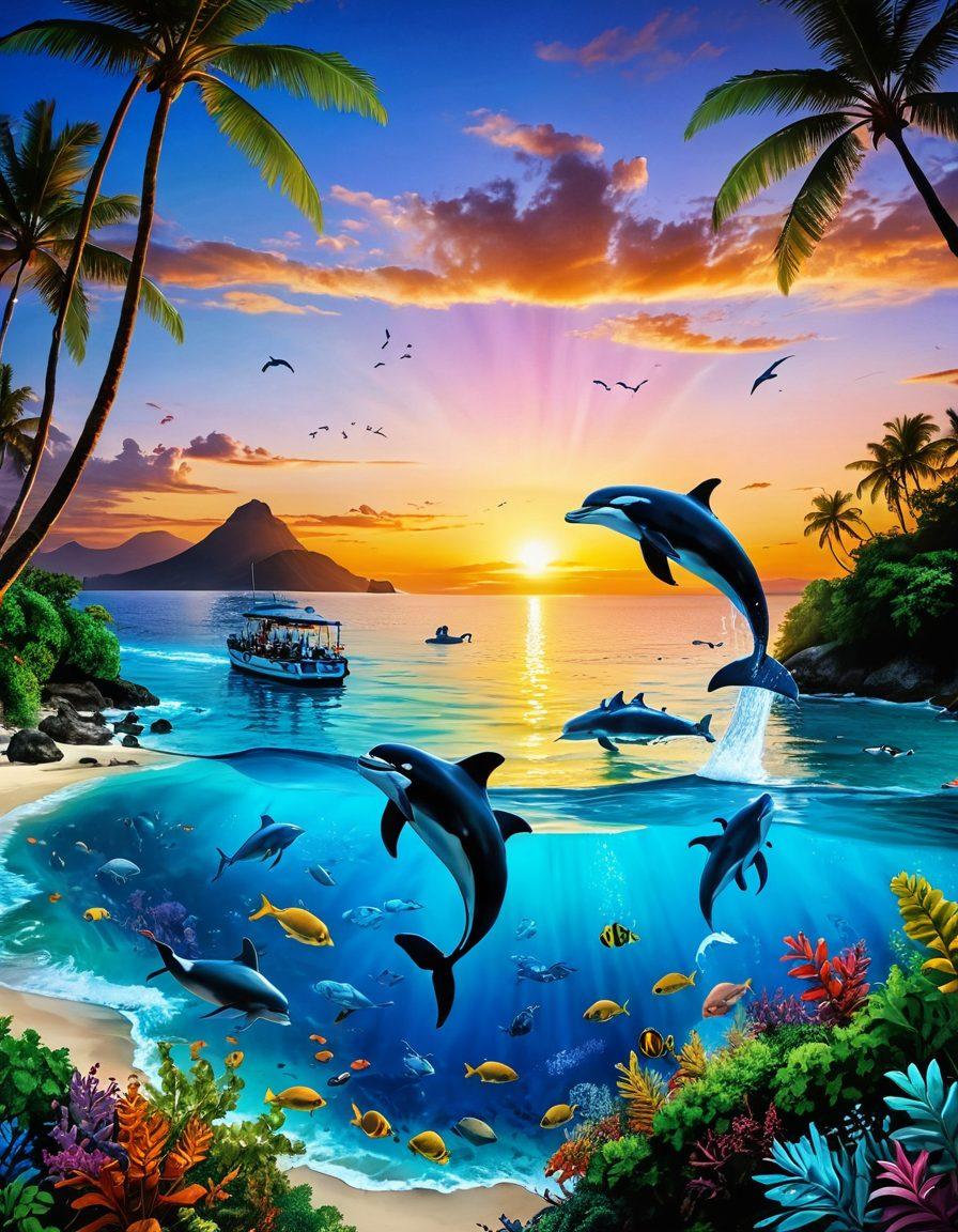 A vibrant scene depicting a diverse group of people engaged in various oceanic tourism activities like snorkeling, diving, and whale watching. Include lush tropical greenery and crystal-clear blue waters in the background, with a sunset casting golden hues over the scene. Show marine life such as colorful fish and dolphins in the water, highlighting adventure and exploration. Emphasize a sense of joy and discovery among the participants. super-realistic. vibrant colors. a dynamic perspective.