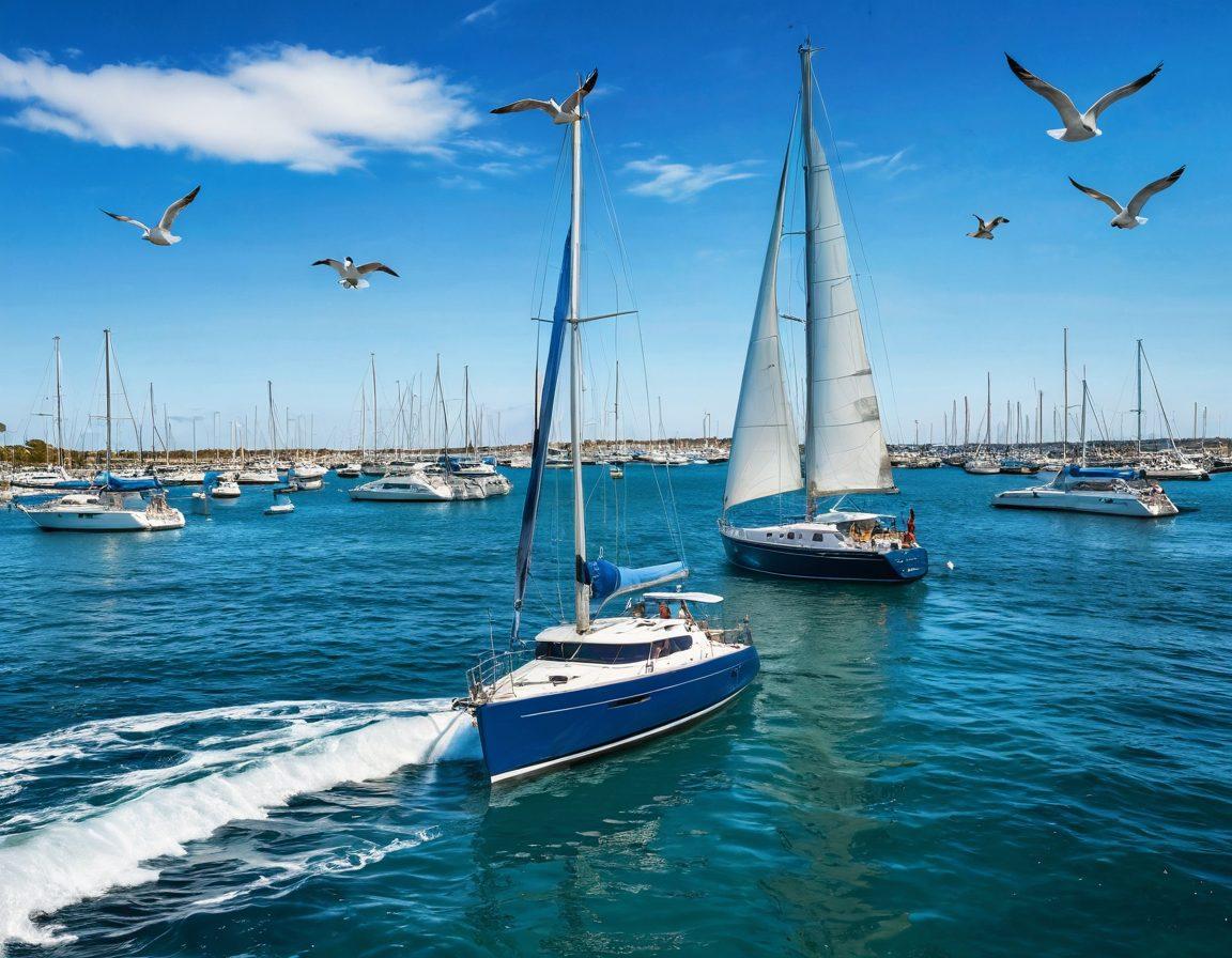 A vibrant blue ocean with a majestic sailboat navigating through the waves, surrounded by seagulls and a clear sky. In the background, a bustling marina with yachts and friendly sailors greeting one another, symbolizing community and opportunity in the marine industry. Include innovative marine technologies and diverse individuals enjoying the seaside. Aquatic elements like coral reefs can be subtly hinted at in the foreground. super-realistic. vibrant colors. 3D.